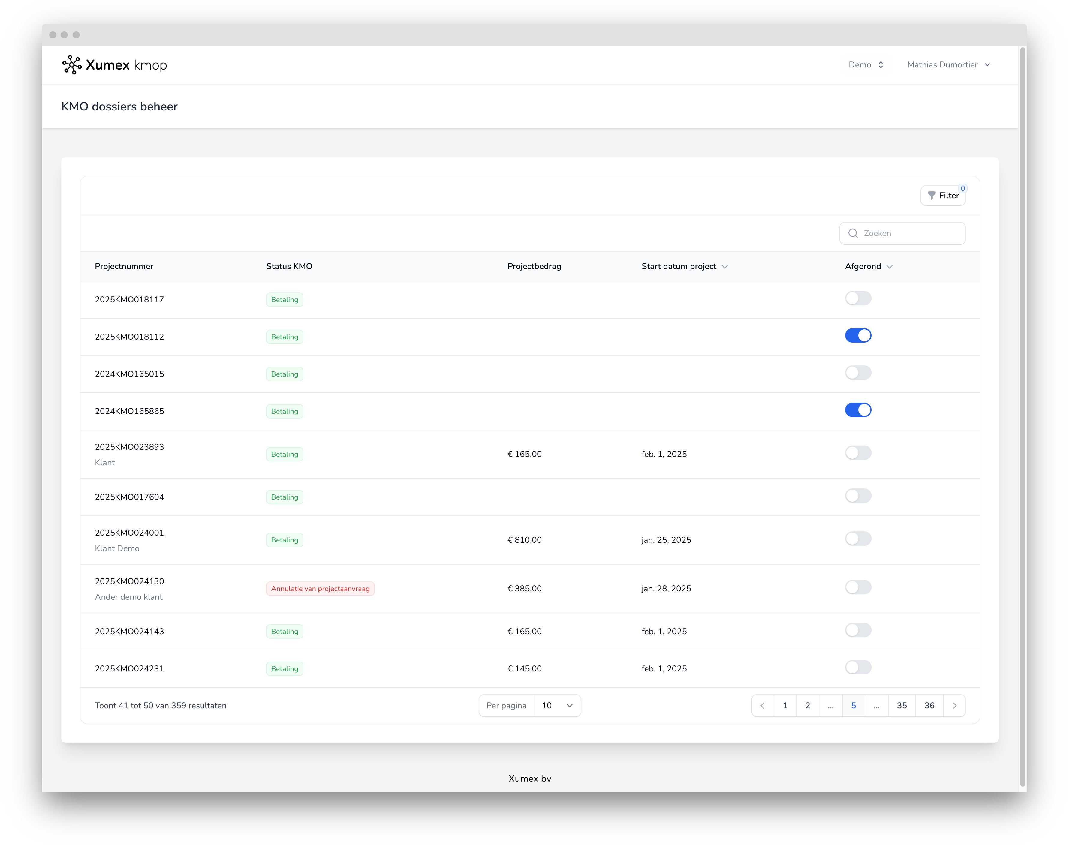 App screenshot KMO-portefeuille automatisering